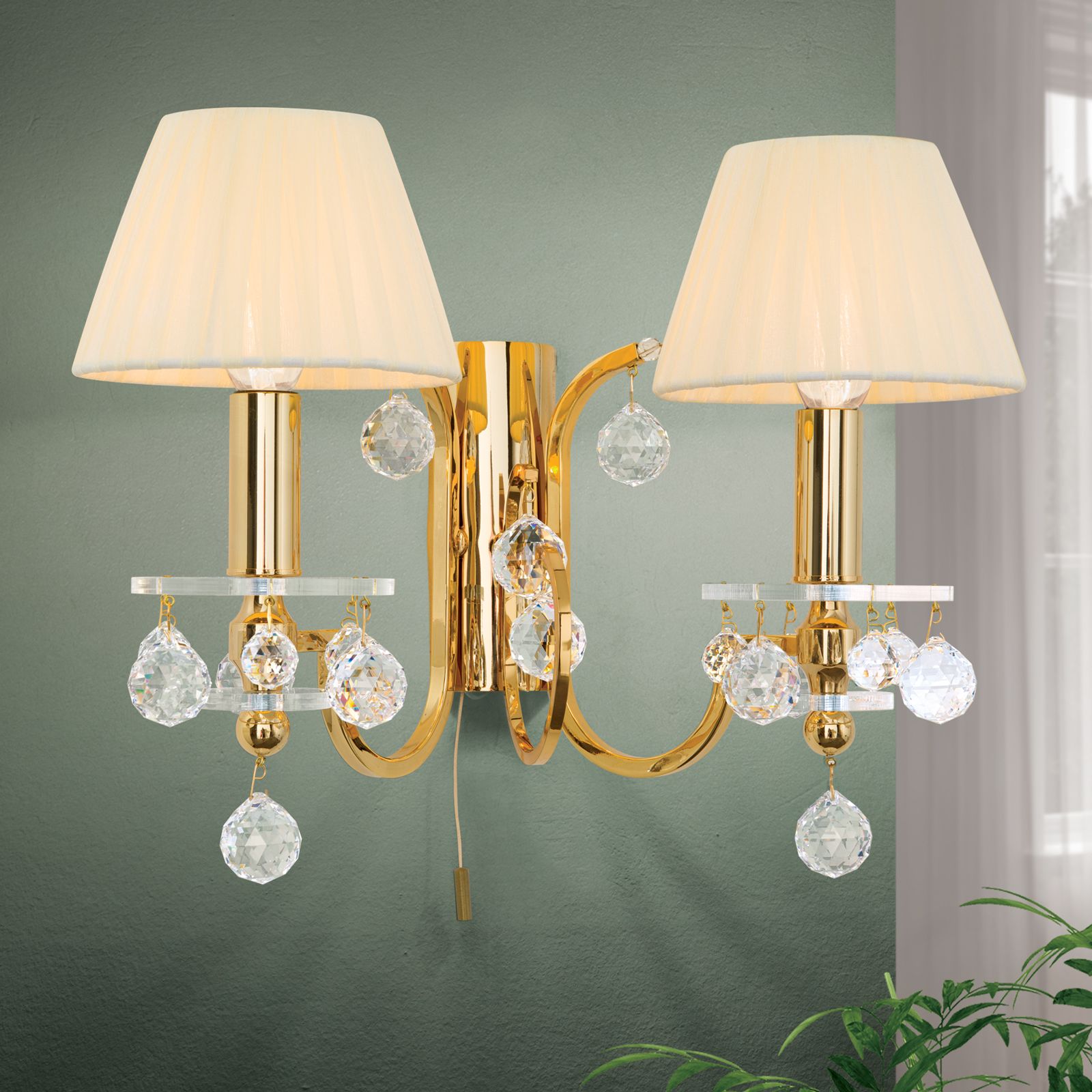 Wandleuchte KRISTALLDESIGN, 2-flammig, Gold mit champagner-färbigem Schirm