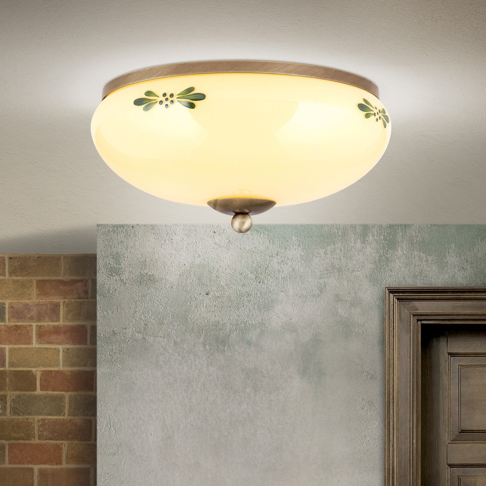 Stropní svítidlo LANDHAUS, patina, se zeleným dekorem, s knoflíkem, Ø 28cm