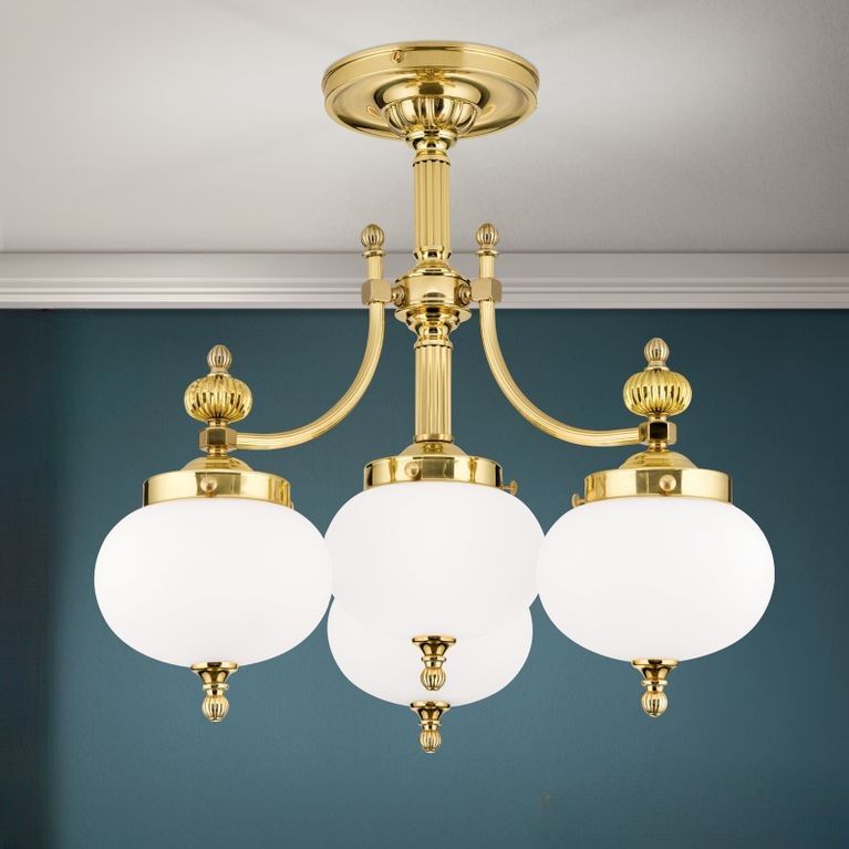 Ceiling chandelier WIENER NOSTALGIE, 3+1-flames, shiny brass, with opal matt glass