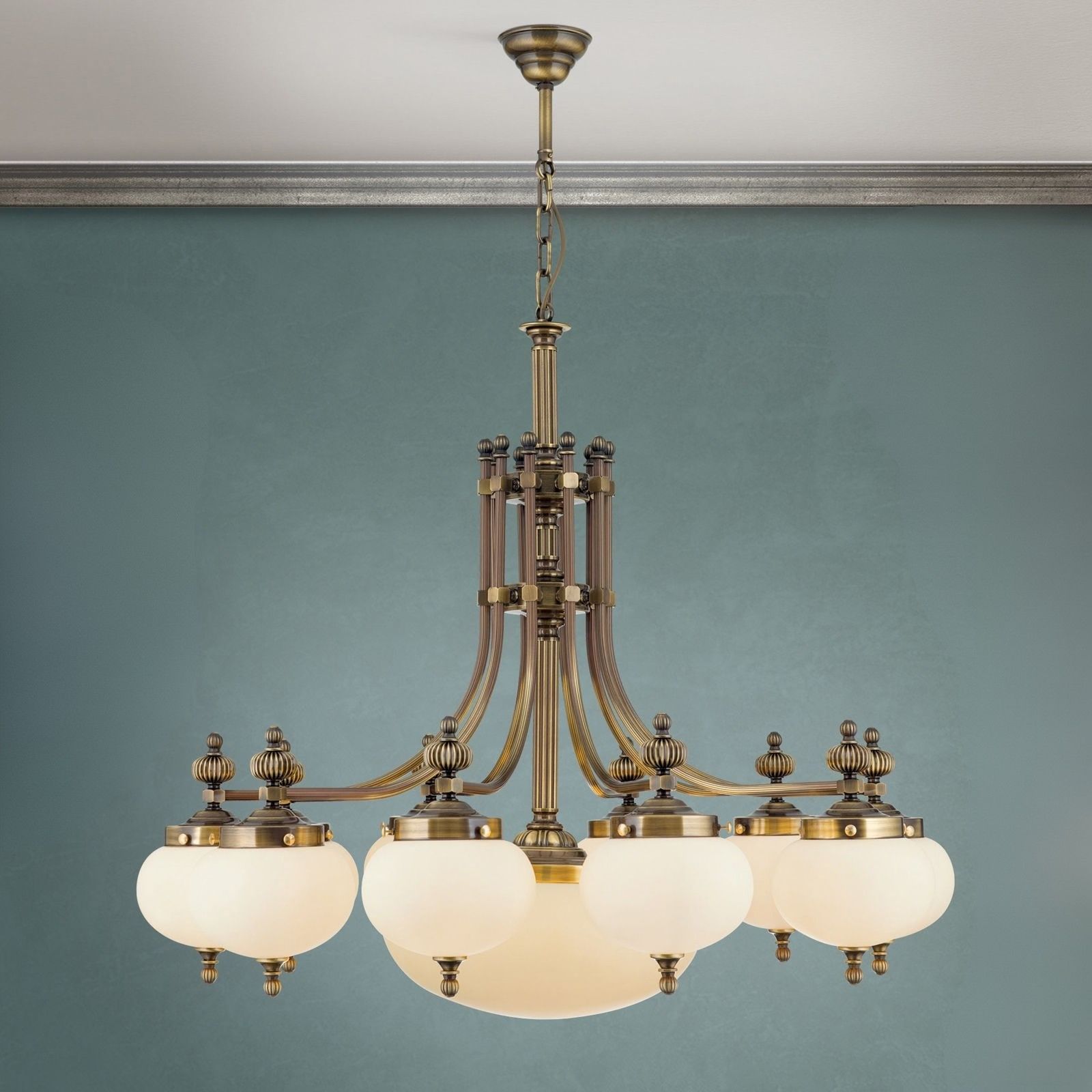 Chandelier WIENER NOSTALGIE, 10+1 lamps, antique brass finish, downwards, shiny champagne glasses