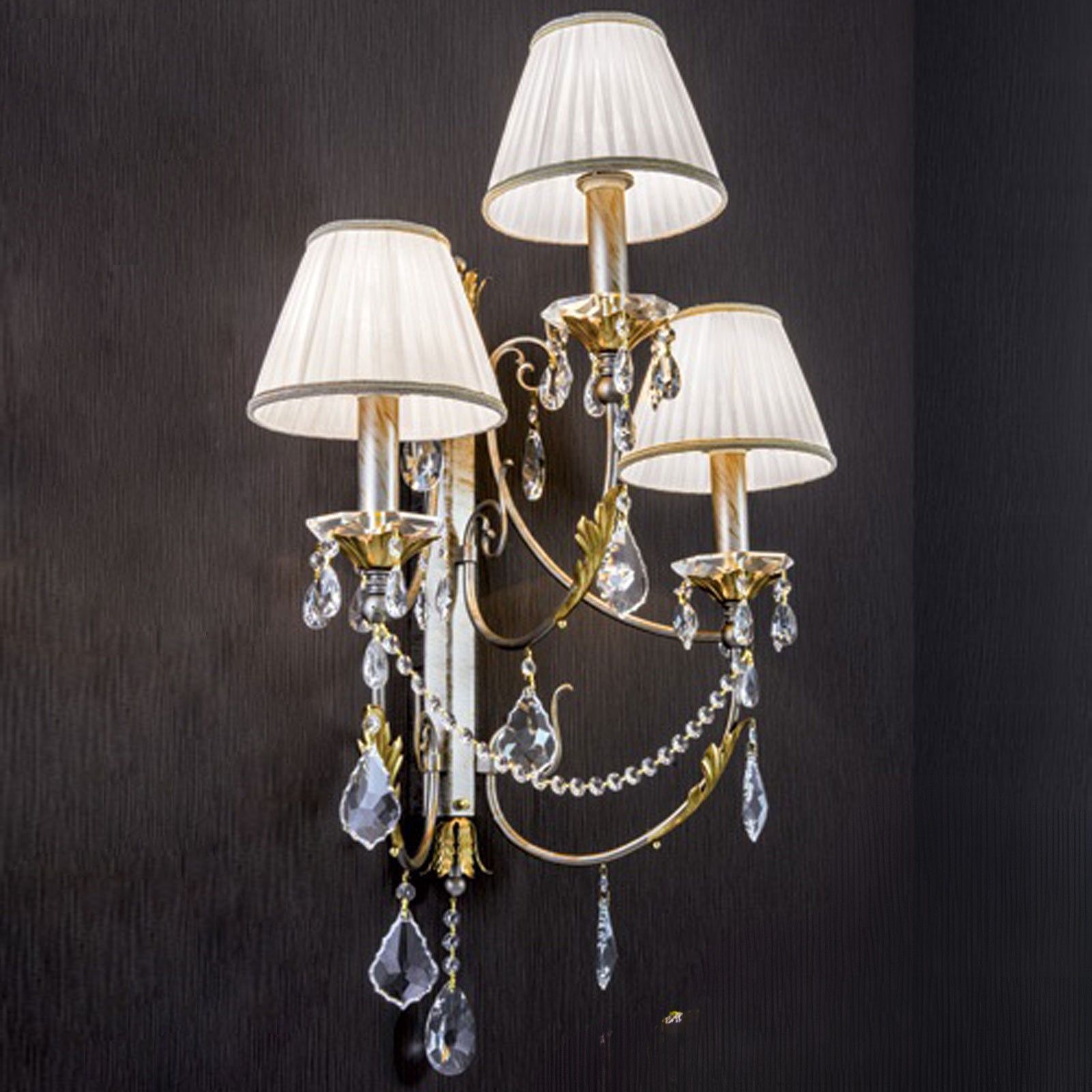 Wandleuchte MIRAMARE, 3-flammig, silbergold, mit organza weißen Schirmen