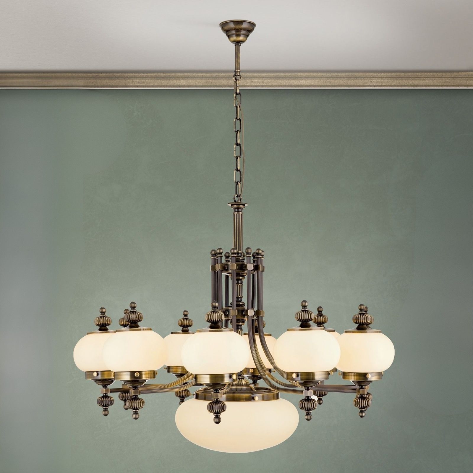 Chandelier WIENER NOSTALGIE, 10+1 lamps, antique brass finish, upwards, champagne coloured glasses