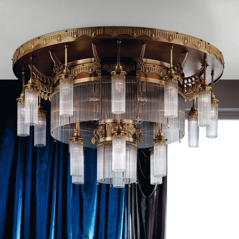 Ceiling chandelier ADELE, 25-flamps, antique brass, with glass rods