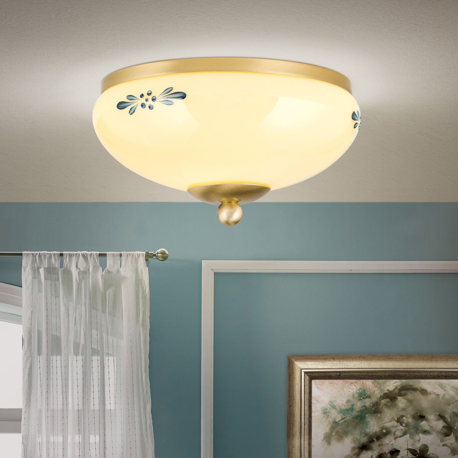 Deckenleuchte LANDHAUS, Messing, mit blauem Dekor, mit Knopf, Ø 21cm