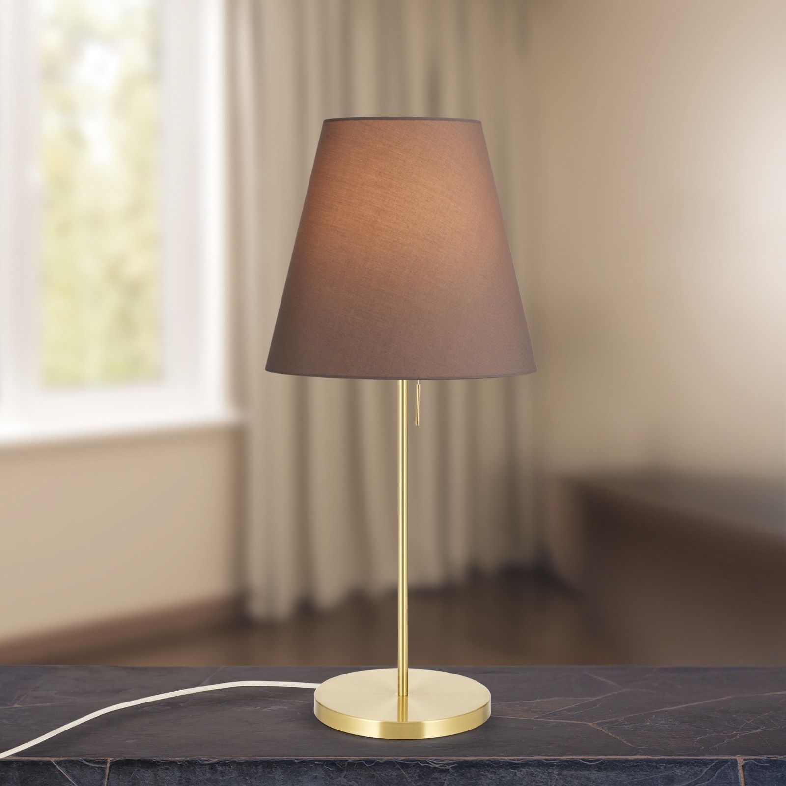 Table lamp SHADE, large, brass matt, with conical, brown shade