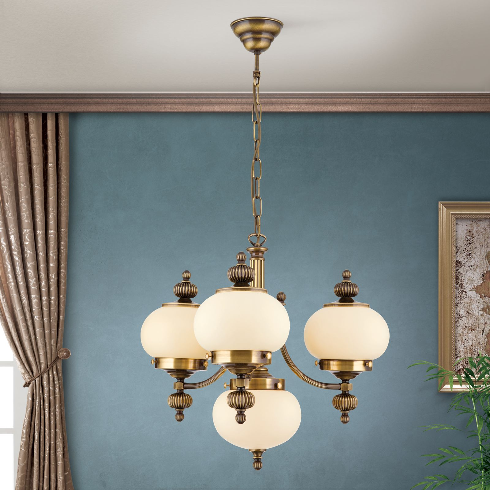 Chandelier WIENER NOSTALGIE, 3+1 lamps, antique brass finish, upwards, champagne coloured glasses