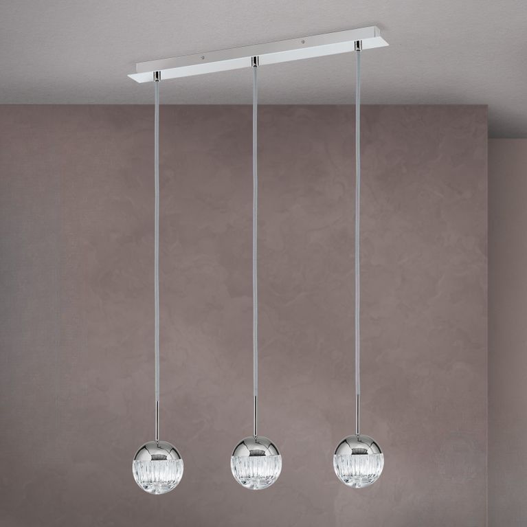 3-flames pendant lamp BALL, nickel, with silver textile cable and clear crystal glass in line cut