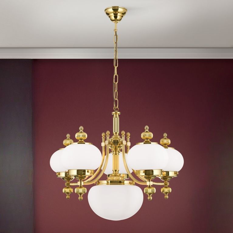 Chandelier WIENER NOSTALGIE, 5+1-flames, shiny brass, with opal matt glass, upwards