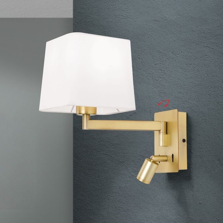 Wandleuchte CARLTON, Messing-matt mit weißem Stoffschirm