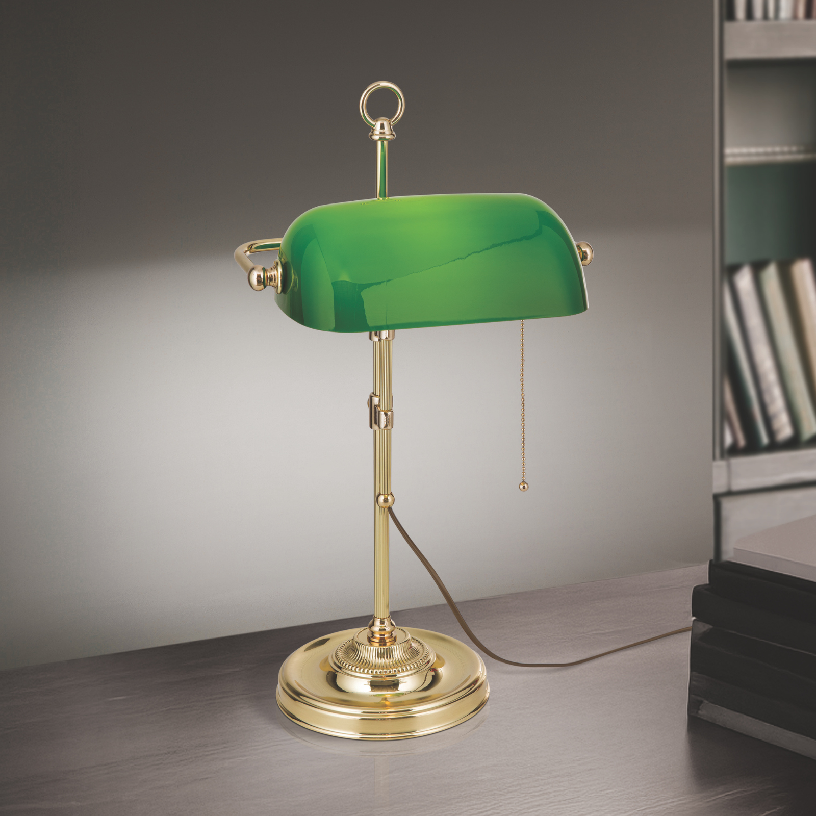 Bench lamp HARVARD, brass with green glass shade, 53cm