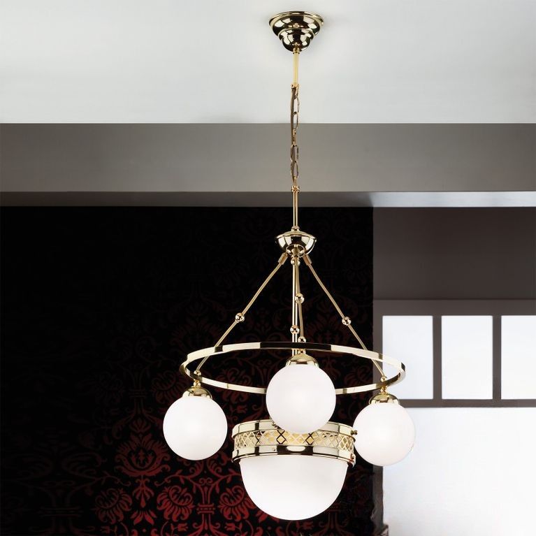 Pendant lamp ALT WIEN, 3+1-flames, brass glossy, with opal glossy glass