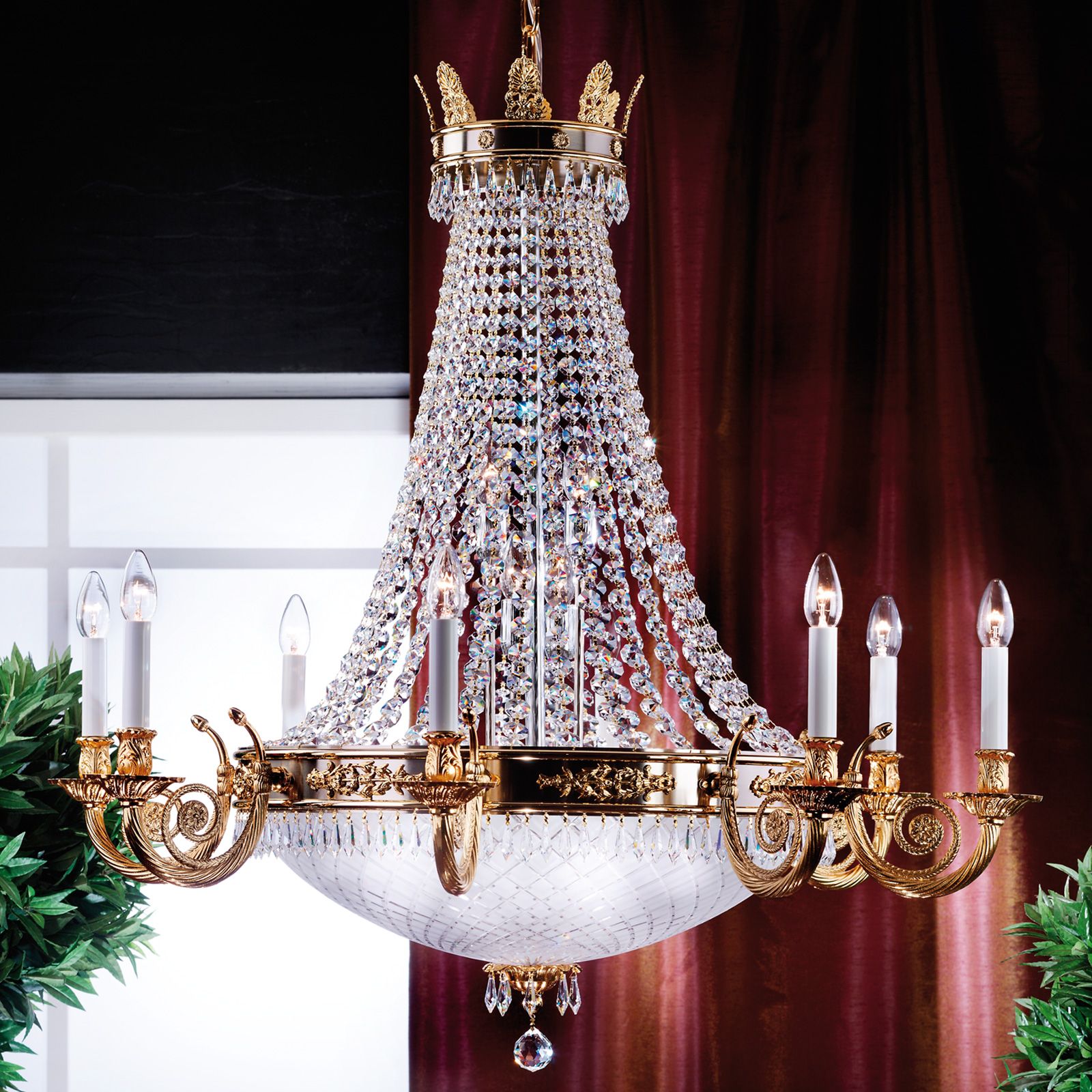 Chandelier EMPIRE CRYSTAL with satin diffused cut glass, 20 lamps, 24K gold plated