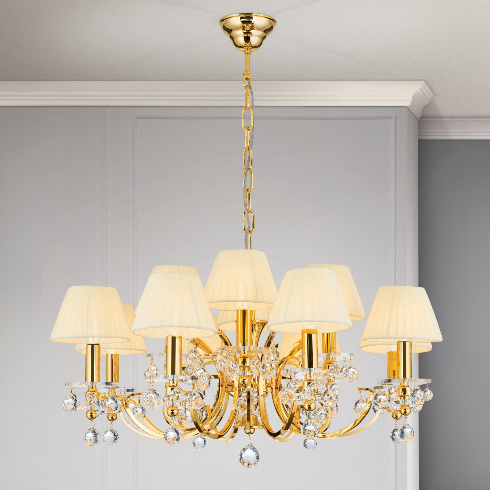 Luster KRISTALLDESIGN, 12-flammig, gold mit champagnerfarbigen Schirm