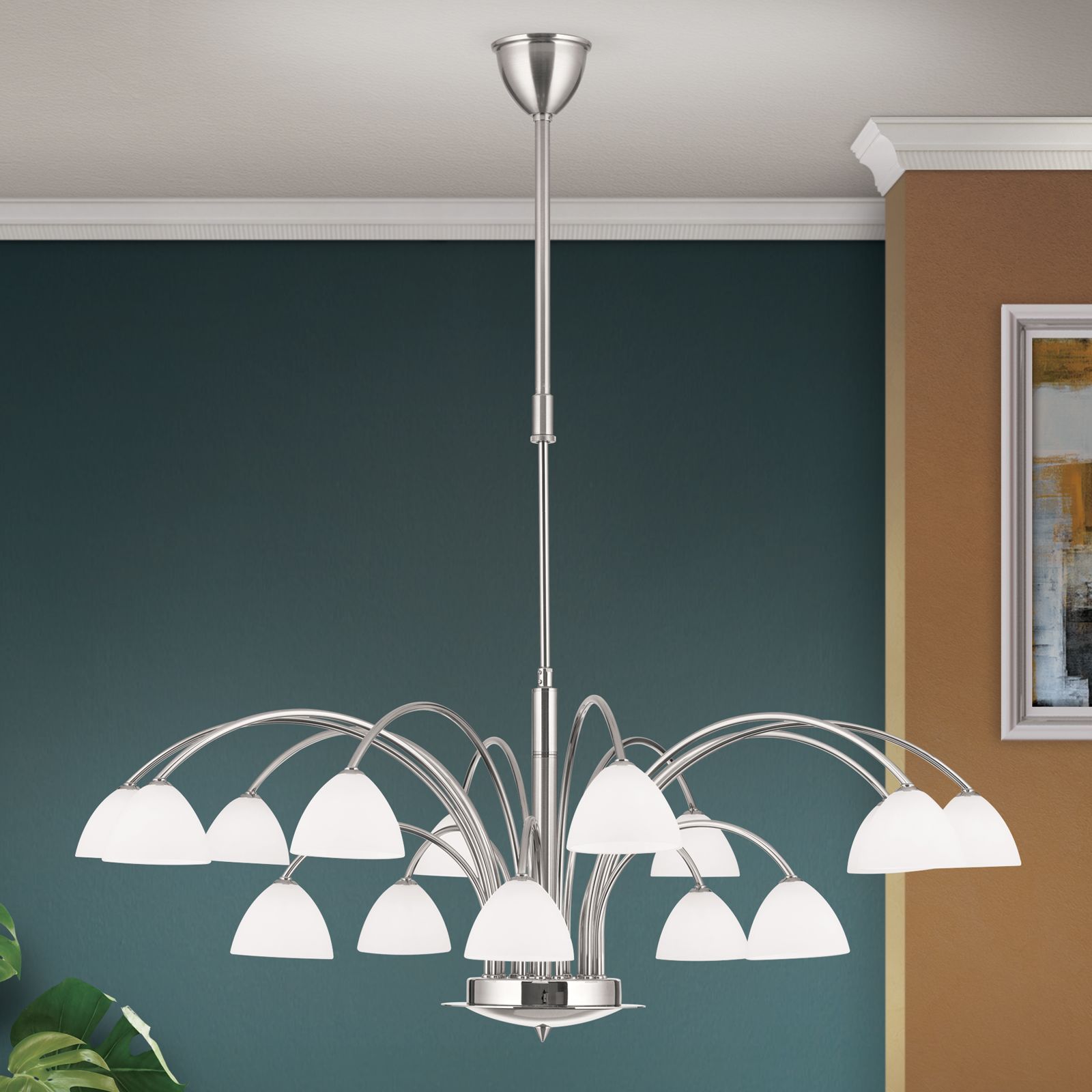 OPALDESIGN chandelier, 15 lamps, satin chrome with opal glasses