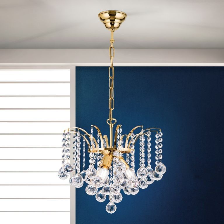 Chandelier KRISTALL KLASSISCH, 3-flames, gold, with clear crystal hanging
