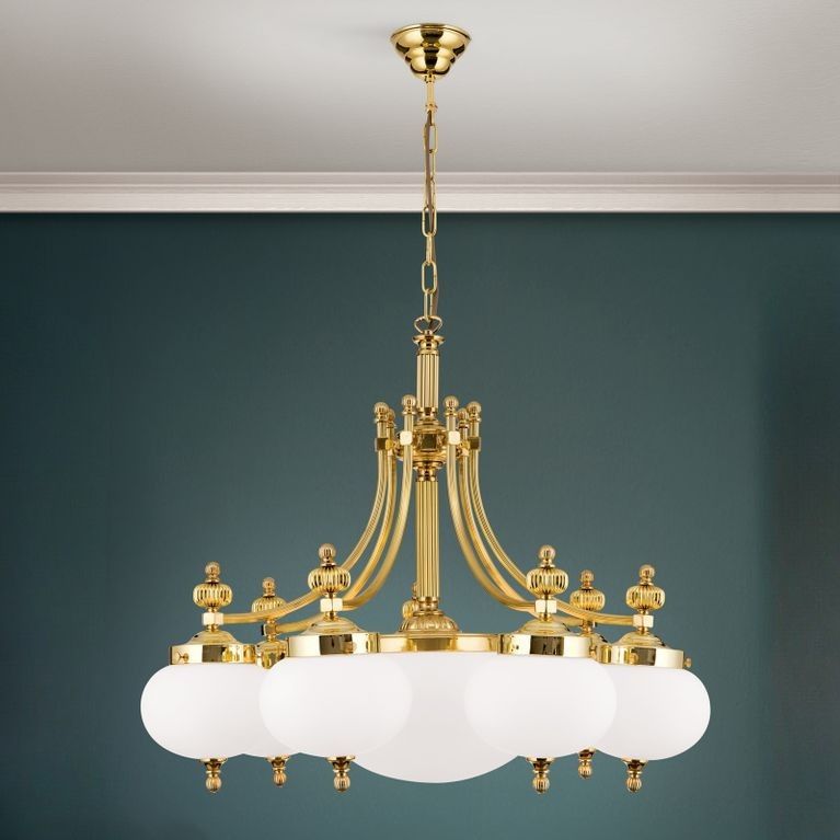 Chandelier WIENER NOSTALGIE, 7+1-flames, shiny brass, with opal matt glass, downwards