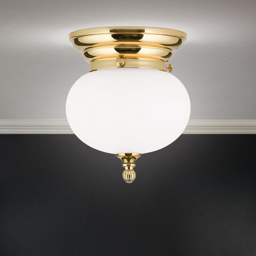 Ceiling light WIENER NOSTALGIE, shiny brass, opal matt glass, with knob, 18cm