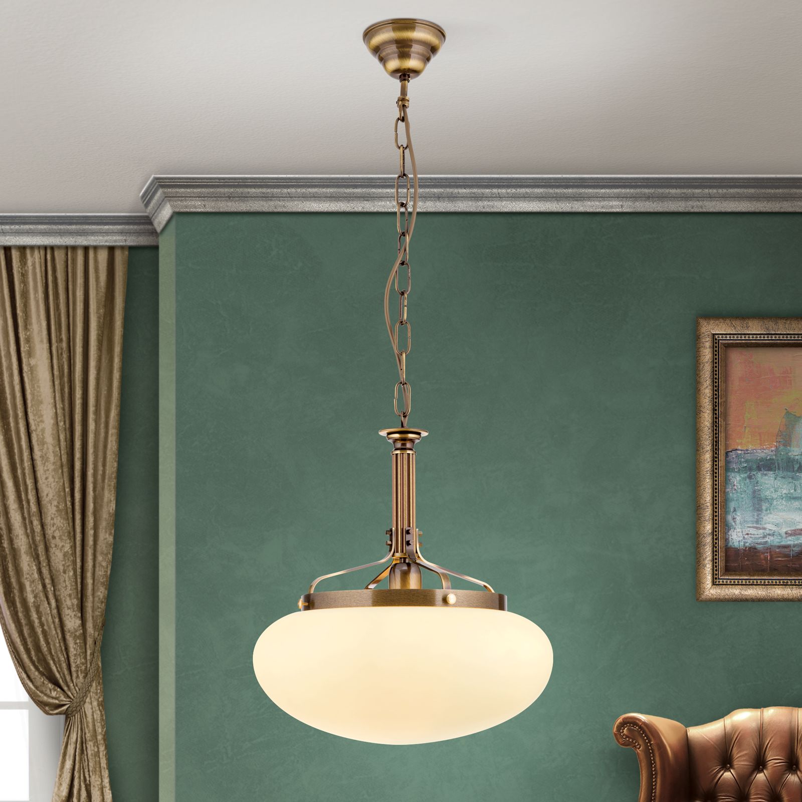 Pendant light WIENER NOSTALGIE, 40cm, antique brass finish, champagne coloured glass
