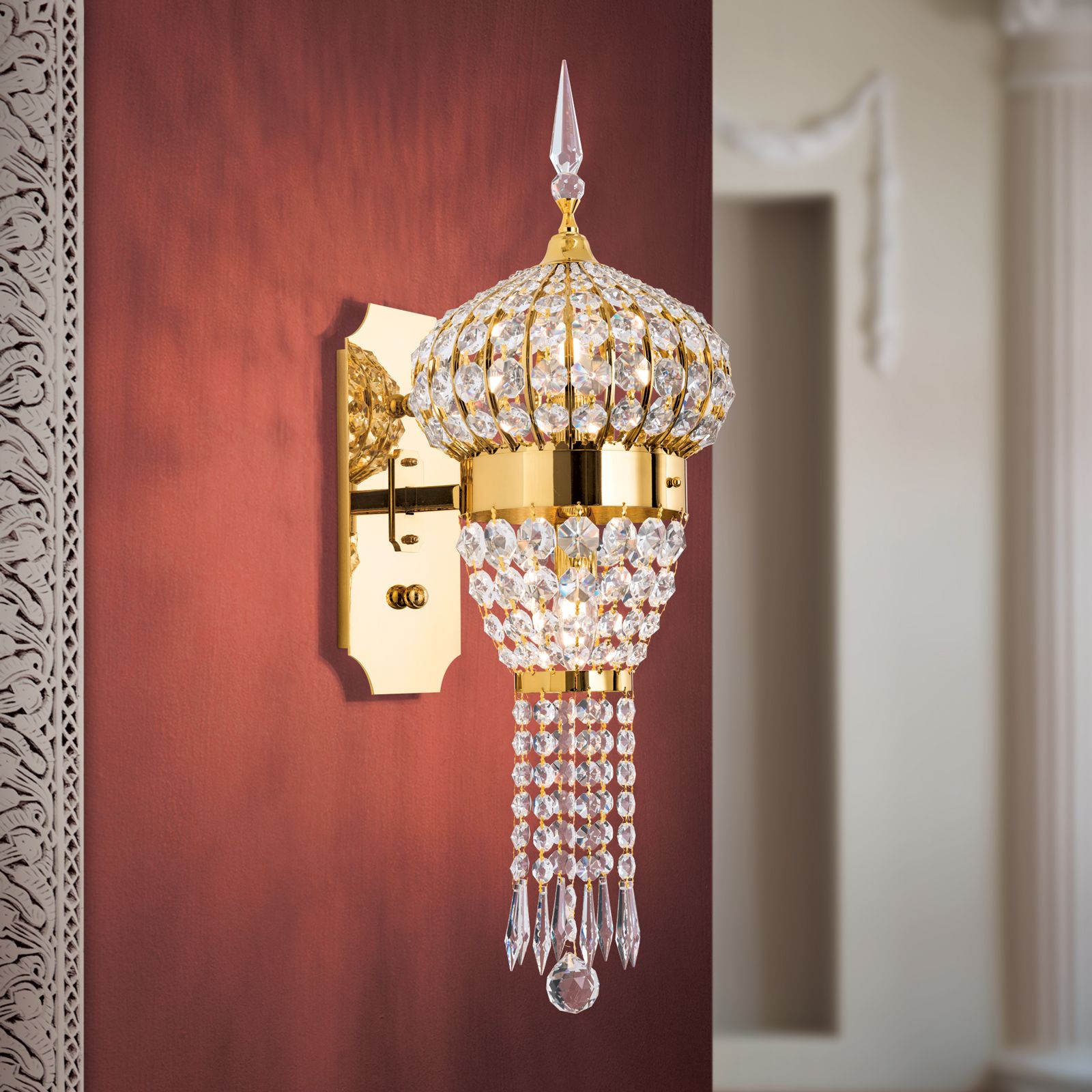 Crystal wall lamp ORIENTAL, 2-flames, gold