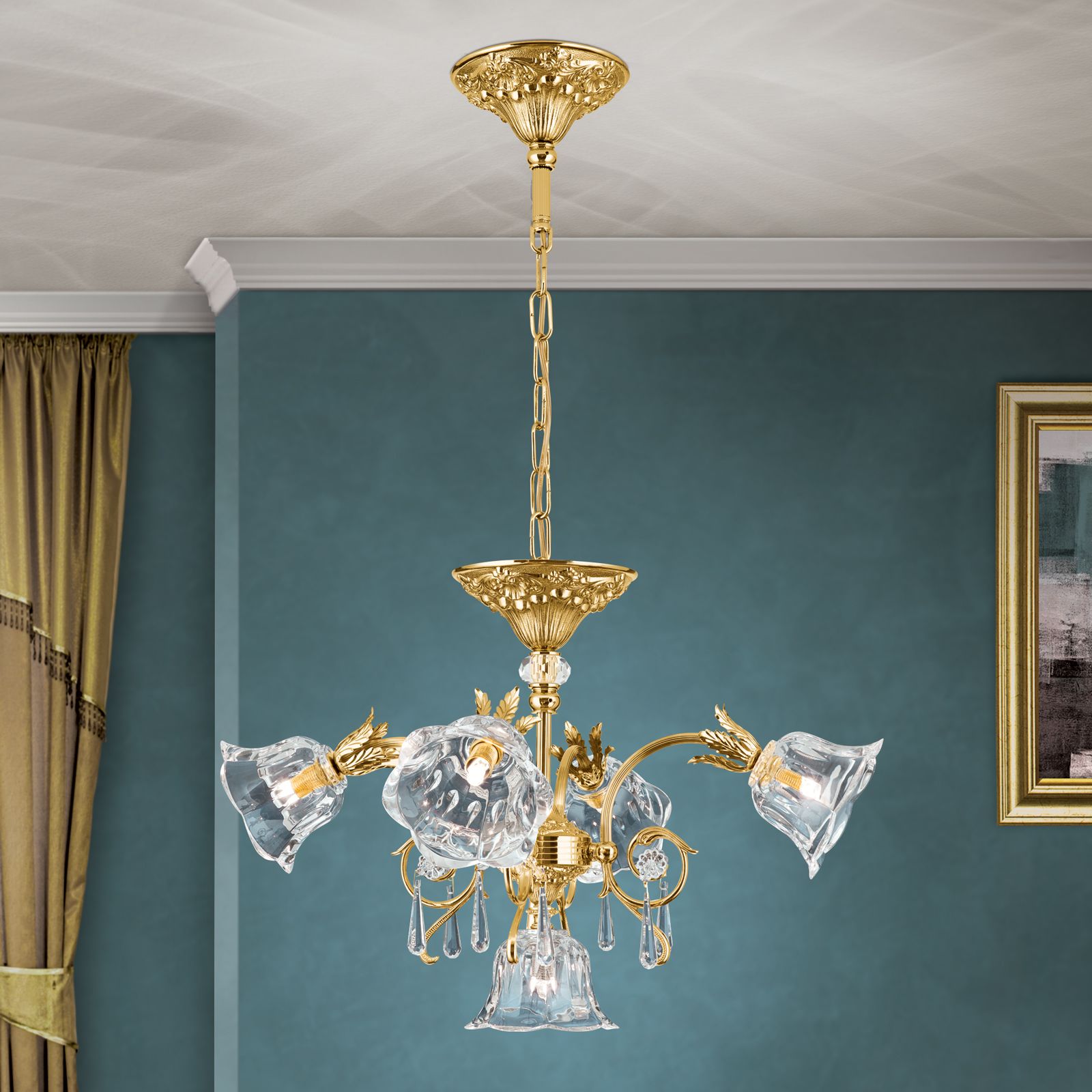 Chandelier LA BOHEME, 5 lamps, 24K gold plated