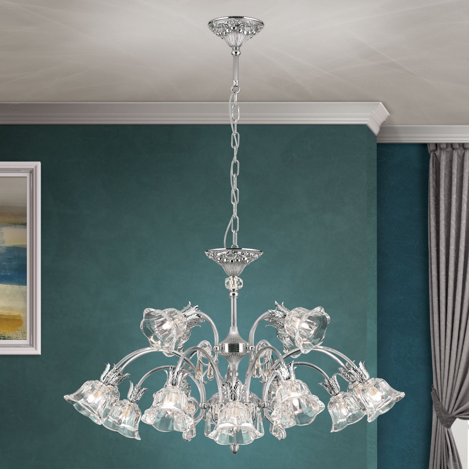 Chandelier LA BOHEME, 16 lamps, antique silver finish