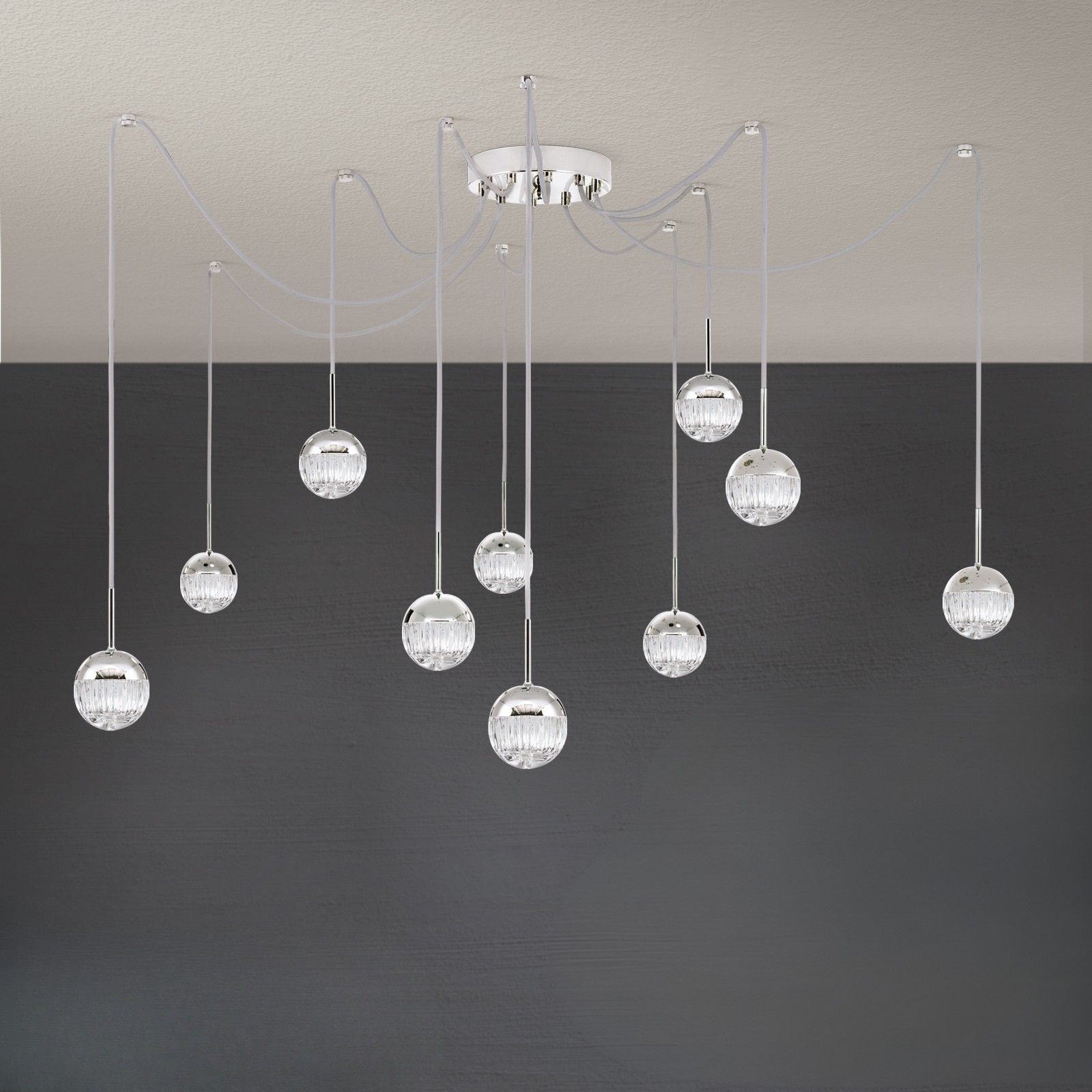 Cluster light BALL, 10-flames, nickel, with clear crystal glass in line cut