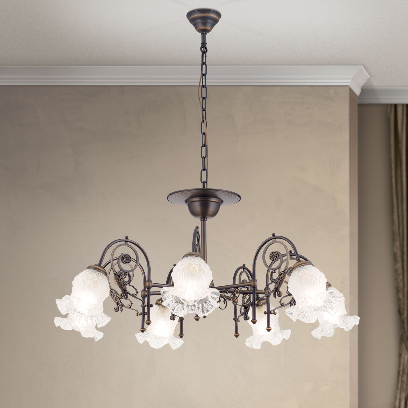 Chandelier RINGSTRASSE, 7 lamps, antique brass finish with decorated glasses