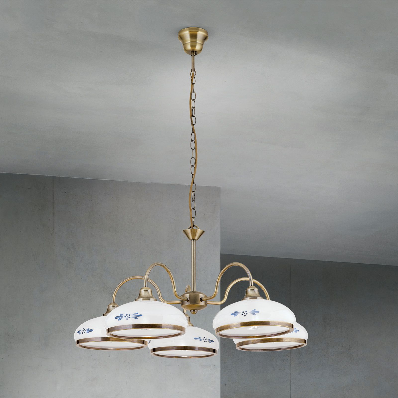 Chandelier GABI, 5-flames, patina, with opal blue glass