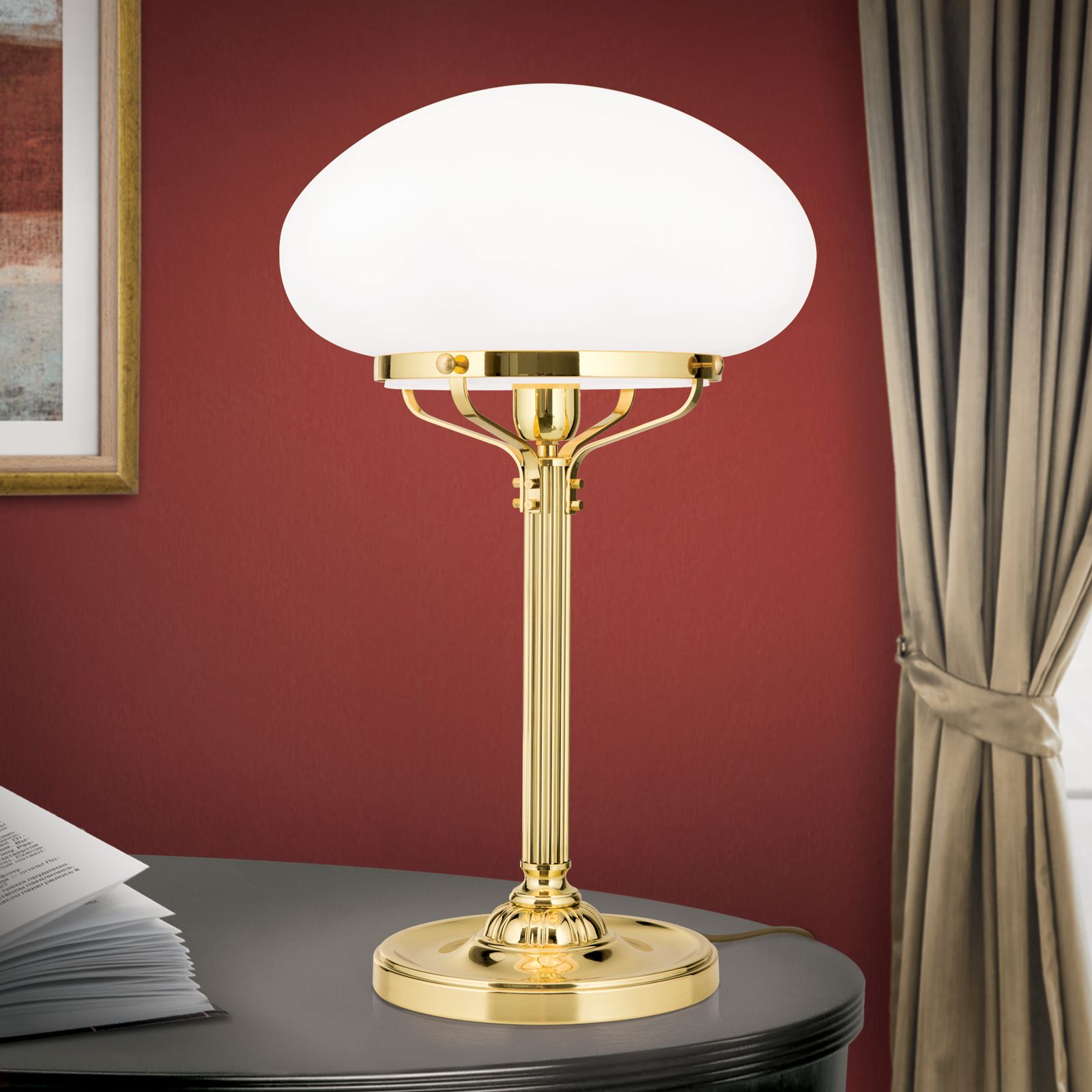 Table lamp WIENER NOSTALGIE, shiny brass, with opal matt glass, H62cm