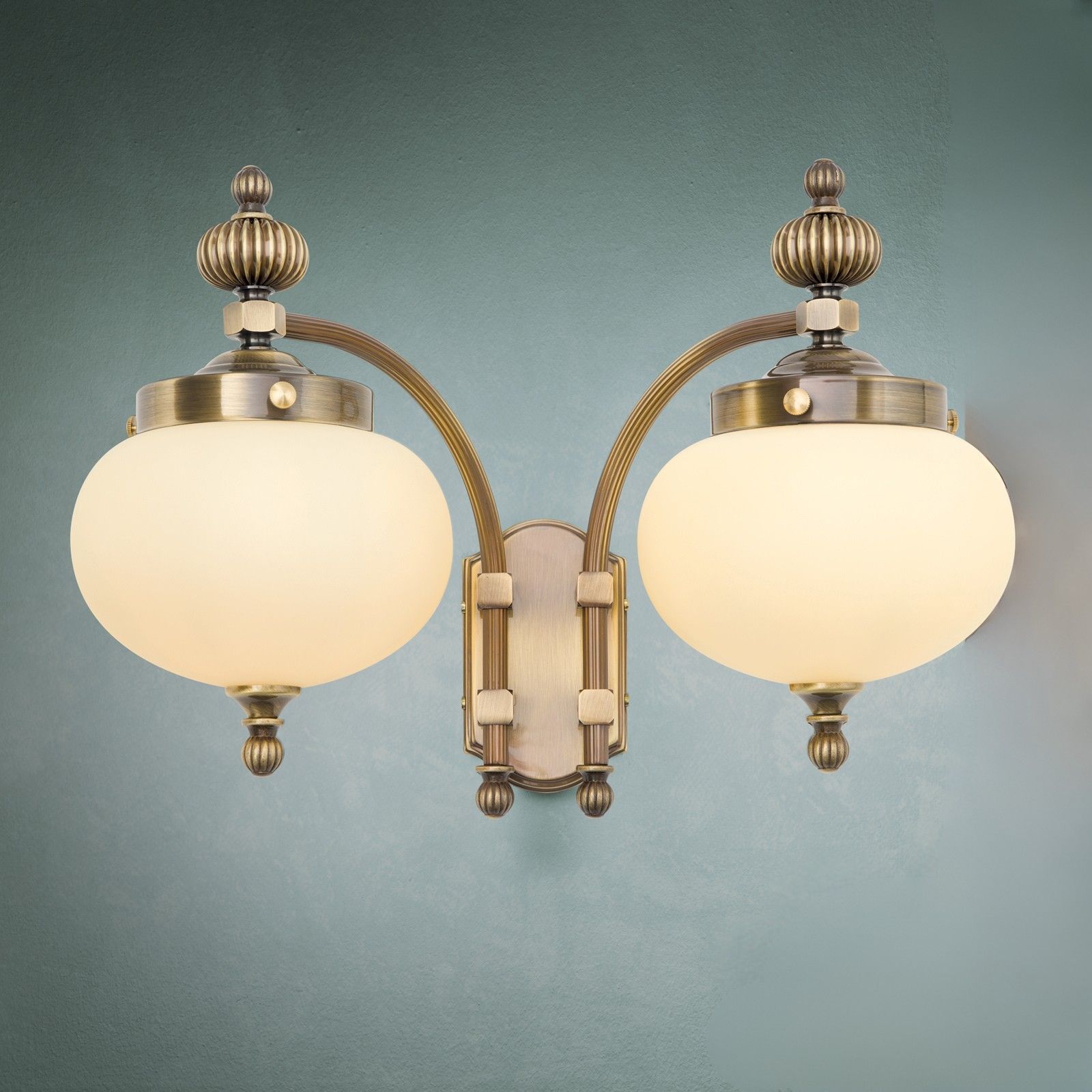 Wall light WIENER NOSTALGIE, 2 lamps downwards, antique brass finish, champagne coloured glasses
