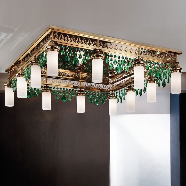 Deckenluster ORIONtal, 12-flammig, Gold, mit grünen Kristallpendeln