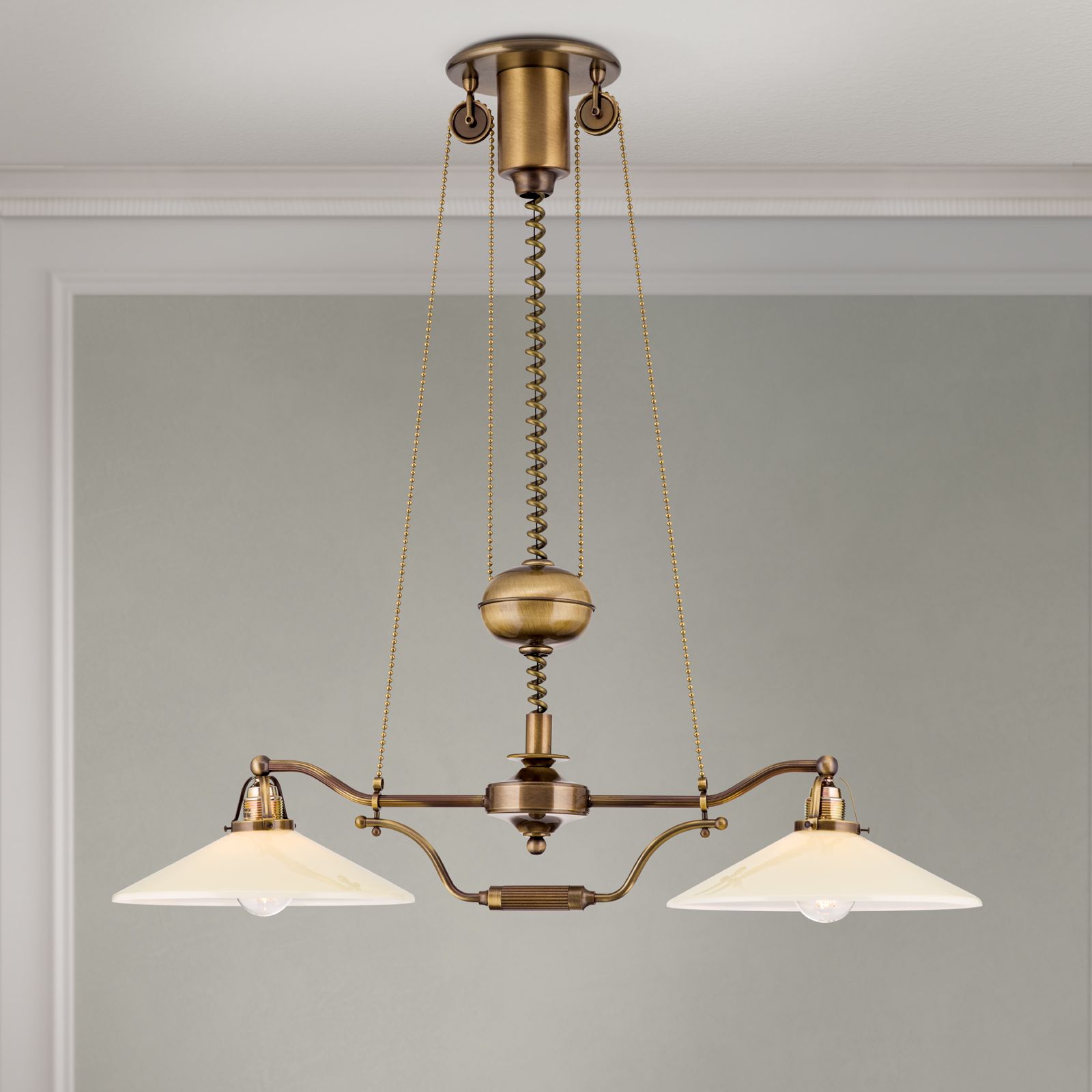 Chandelier ARTDESIGN in Antique Brass finish, champagne glasses, 2 lamps + pulley system