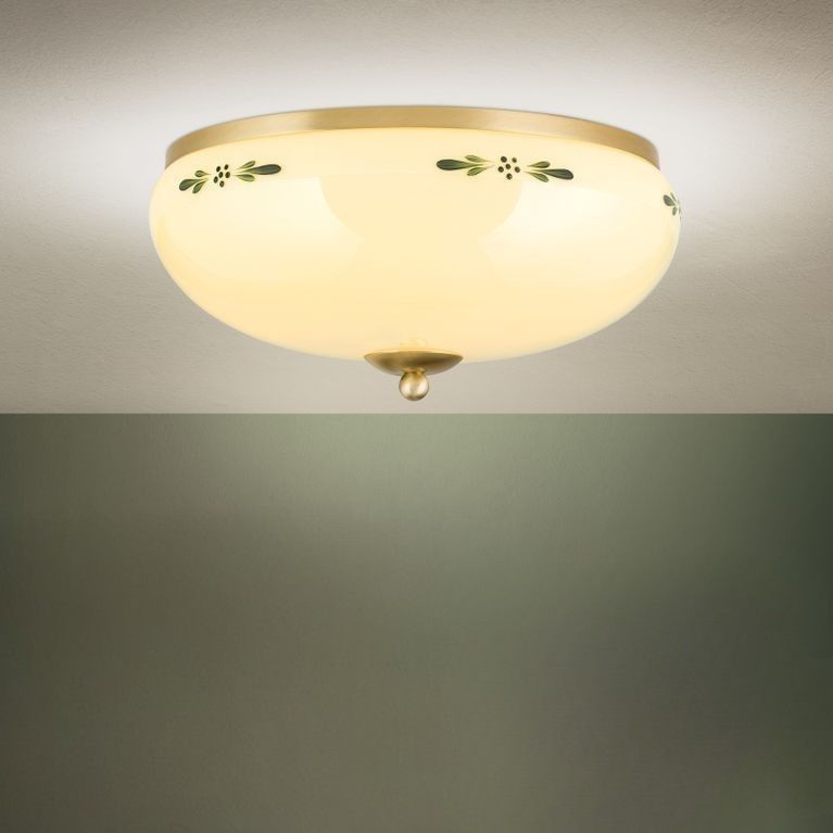 Deckenleuchte LANDHAUS, Messing, mit grünem Dekor, mit Knopf, Ø 35cm