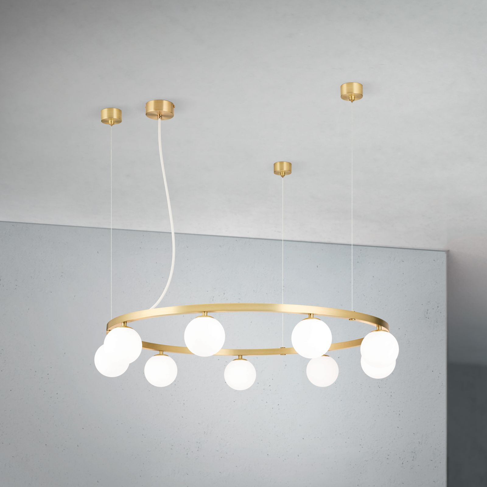 Pendant light TUMBLER, Ø 90cm, downward-facing opal matt glass, brass matt