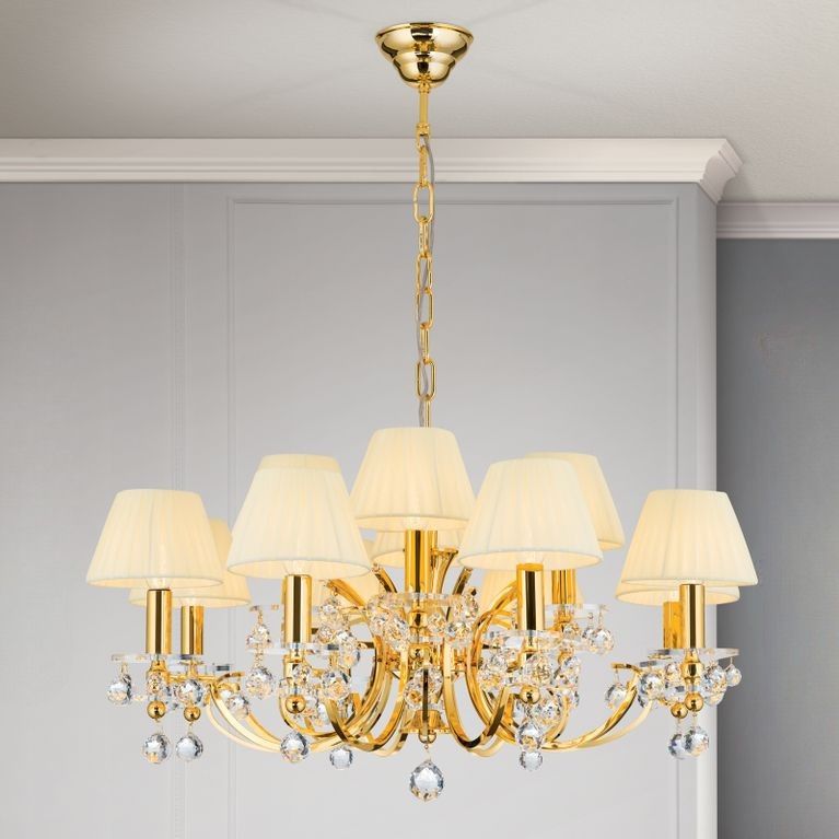 Luster KRISTALLDESIGN, 12-flammig, Gold mit champagnerfarbigen Schirm