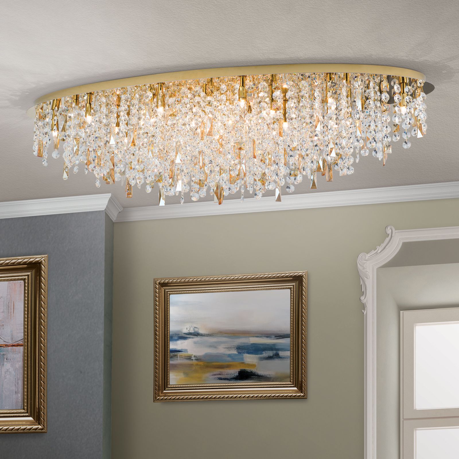 Crystal ceiling light CRYSTALRIVER 21-flames, gold