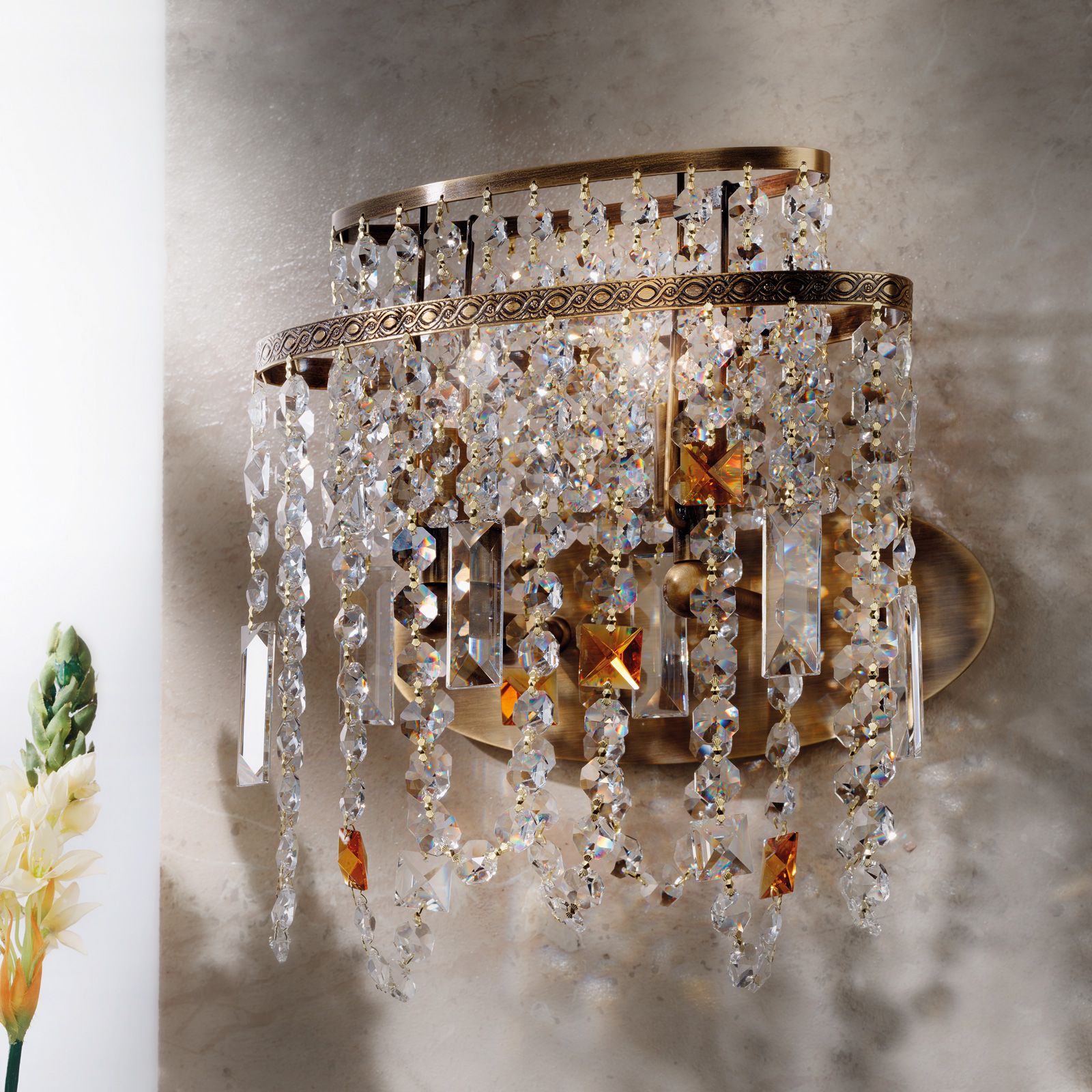 Wandleuchte KRISTALLDESIGN, 2-flammig, Patina, 27 cm