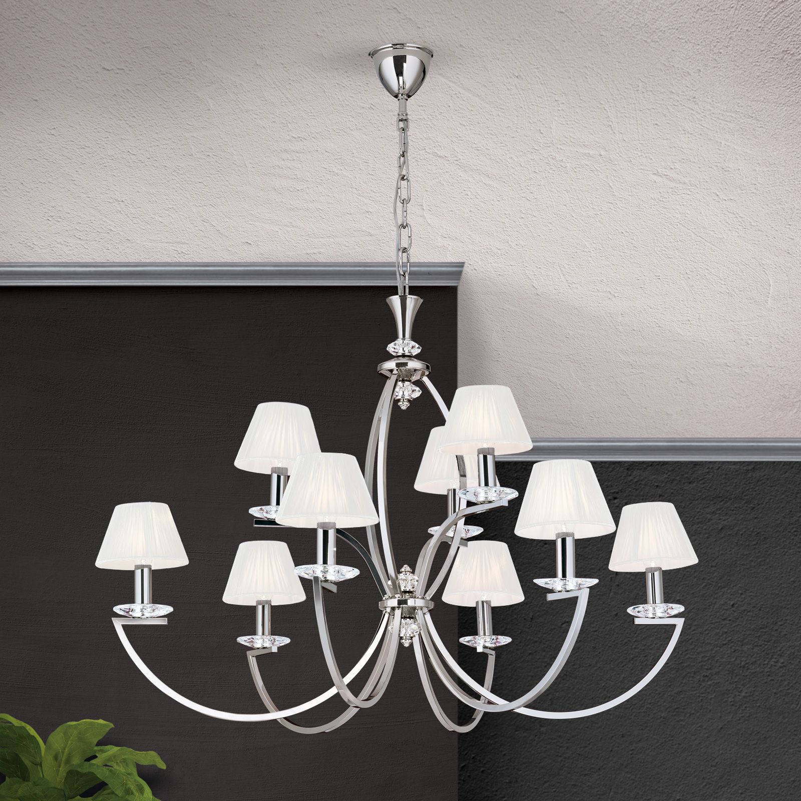 Chandelier Avala, 9-flames, nickel with white shades