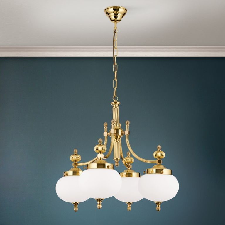 Chandelier WIENER NOSTALGIE, 4-flames, shiny brass, with opal matt glass, downwards