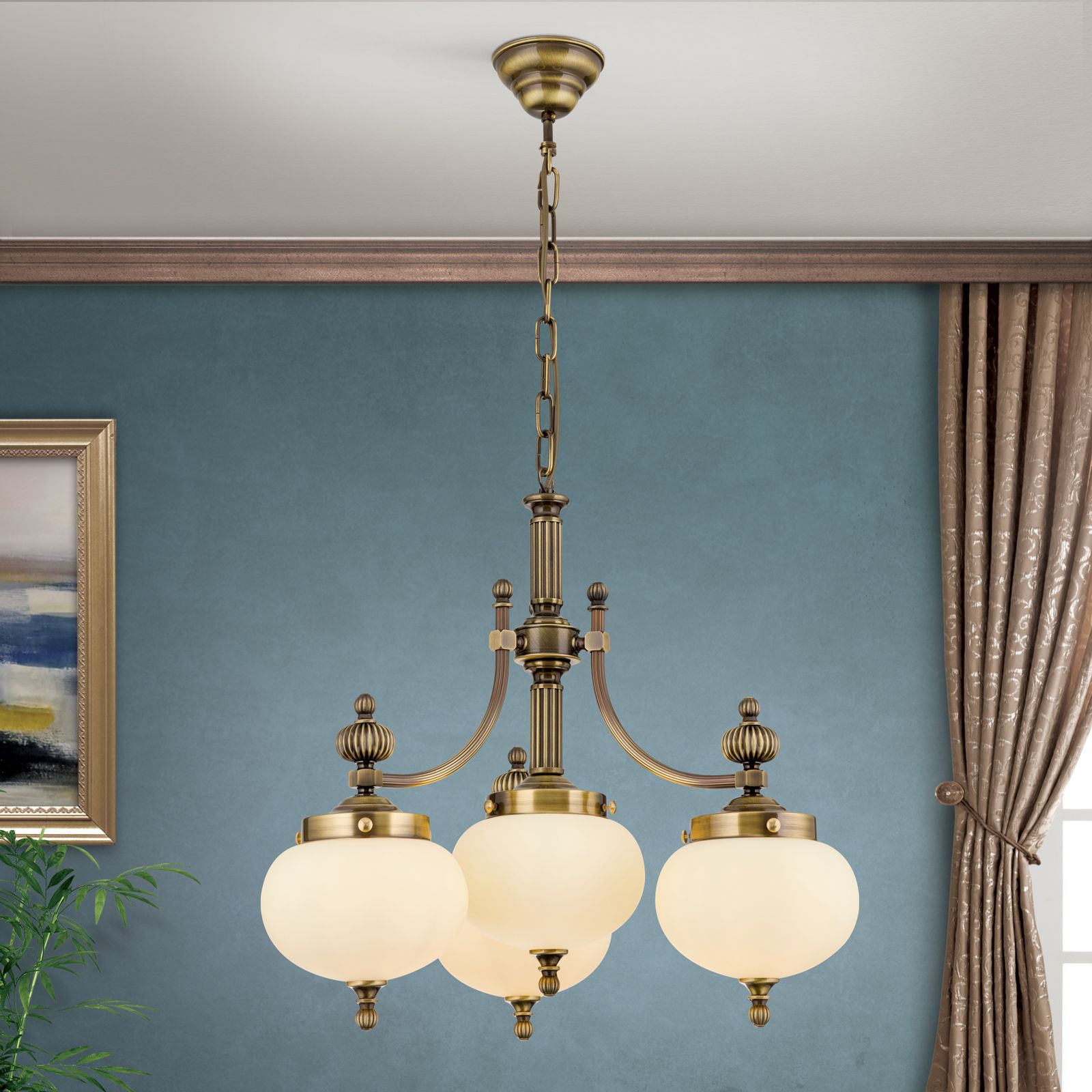 Luster WIENER NOSTALGIE, 3+1-flammig, patina, mit champagne matten Gläsern, abwärts