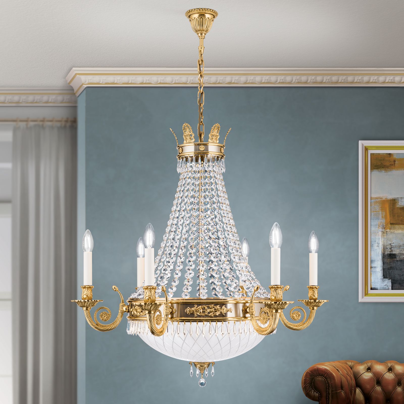 Chandelier EMPIRE CRYSTAL with satin diffused cut glass, 12 lamps, 24K gold plated
