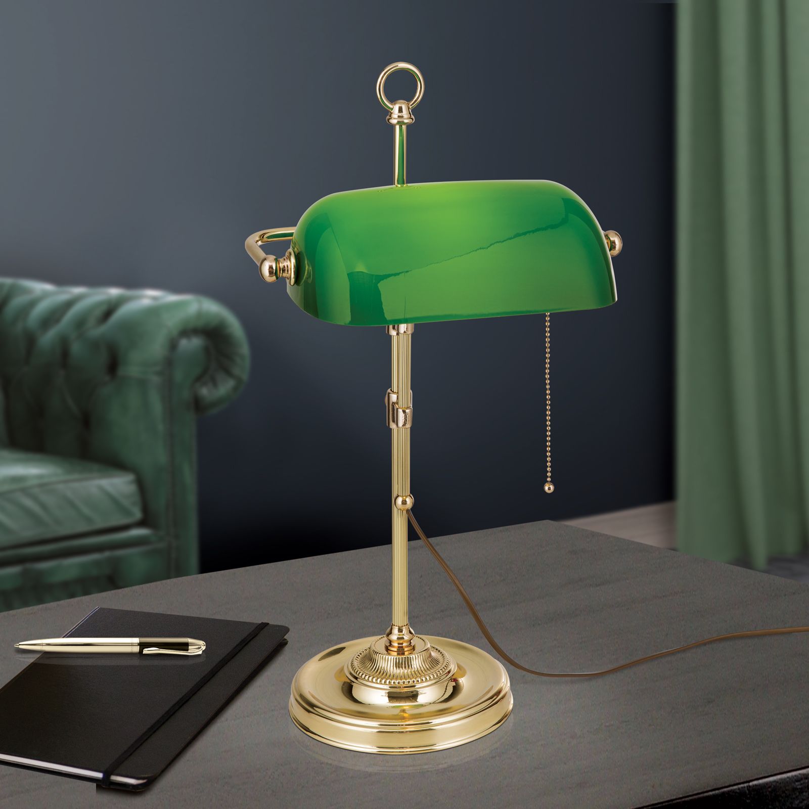 Bench lamp HARVARD, brass with green glass shade, 53cm, Shiny Brass