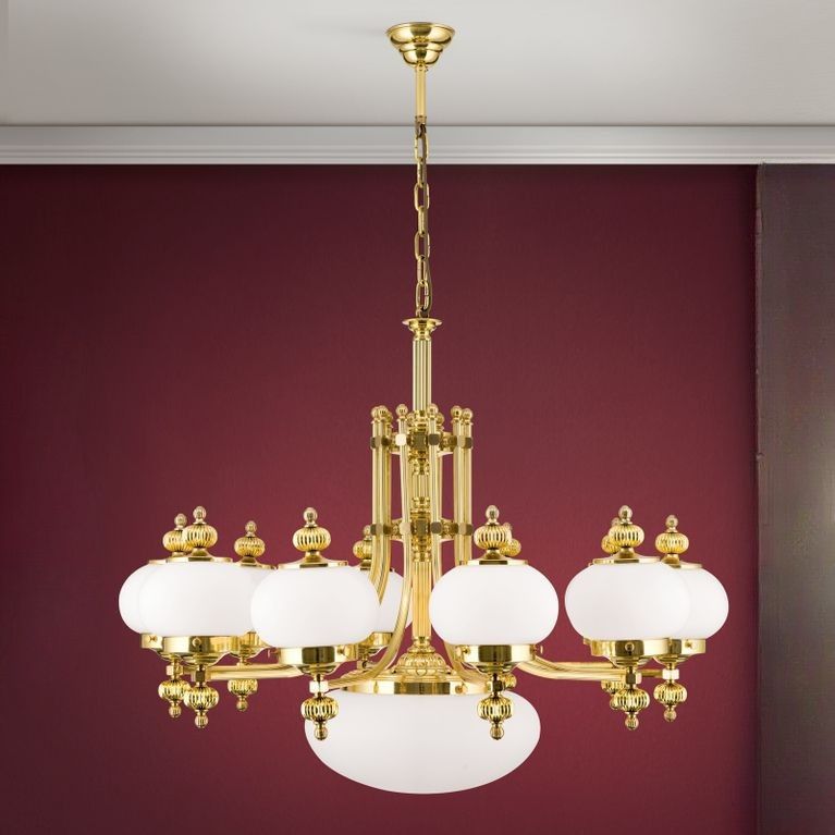 Chandelier WIENER NOSTALGIE, 10+1-flames, shiny brass, with opal matt glass, upwards