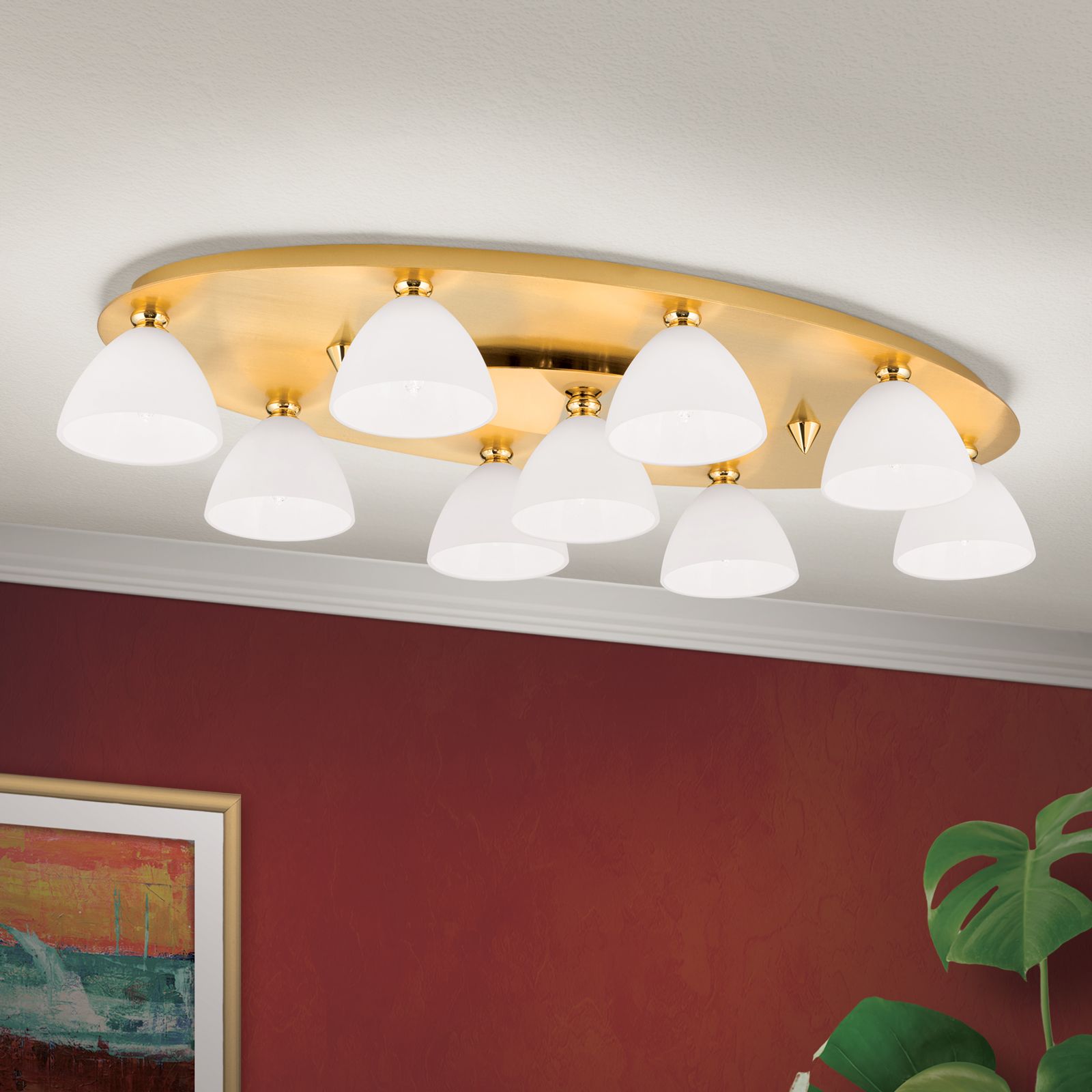 Ceiling light OPALDESIGN, 9-flames, gold matt, with opal glass