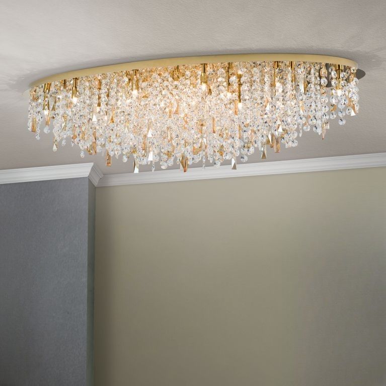 Crystal ceiling light CRYSTALRIVER 21-flames, gold