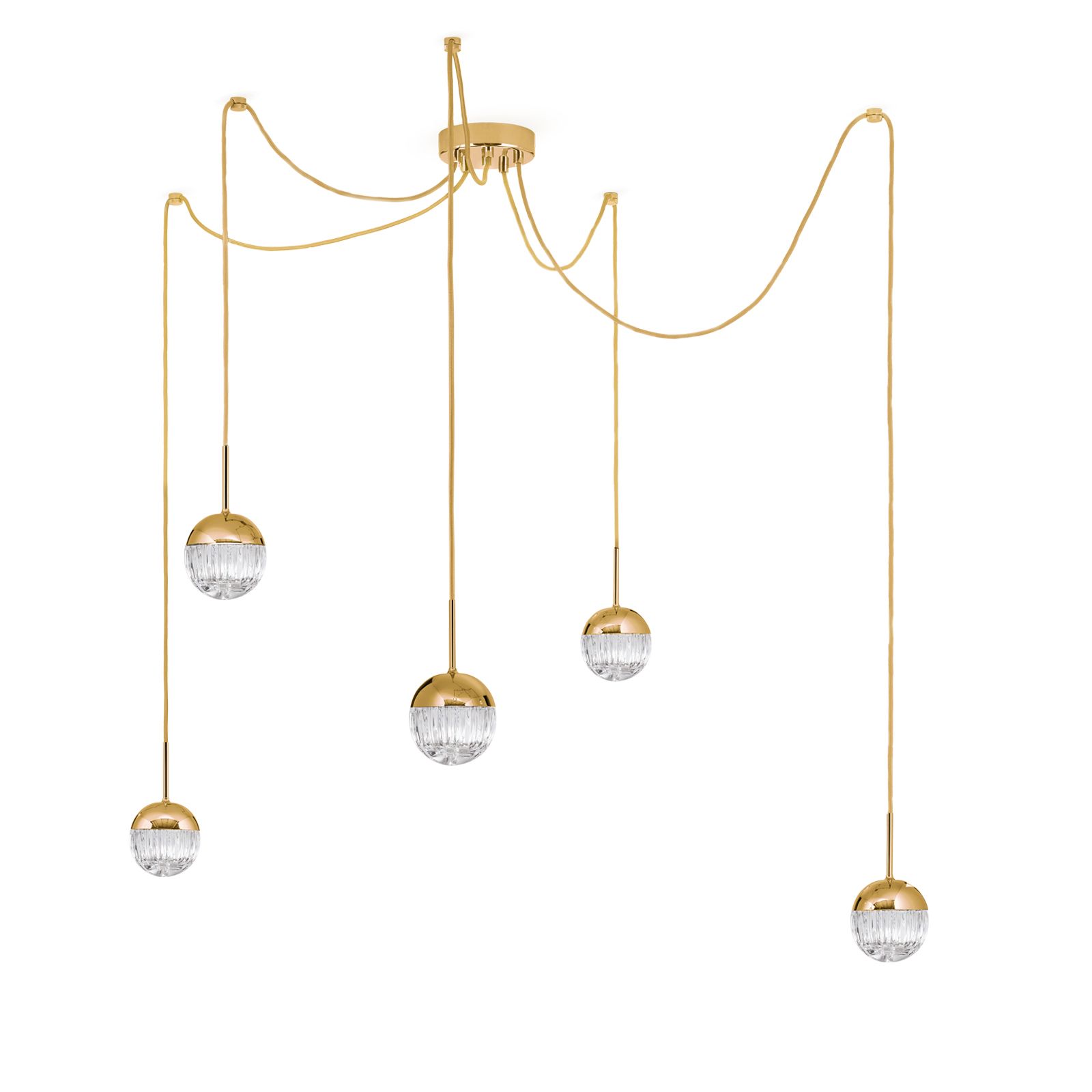 BALL Cluster, 5 lamps, 24K gold plated with clear crystal glasses with handmade line cut