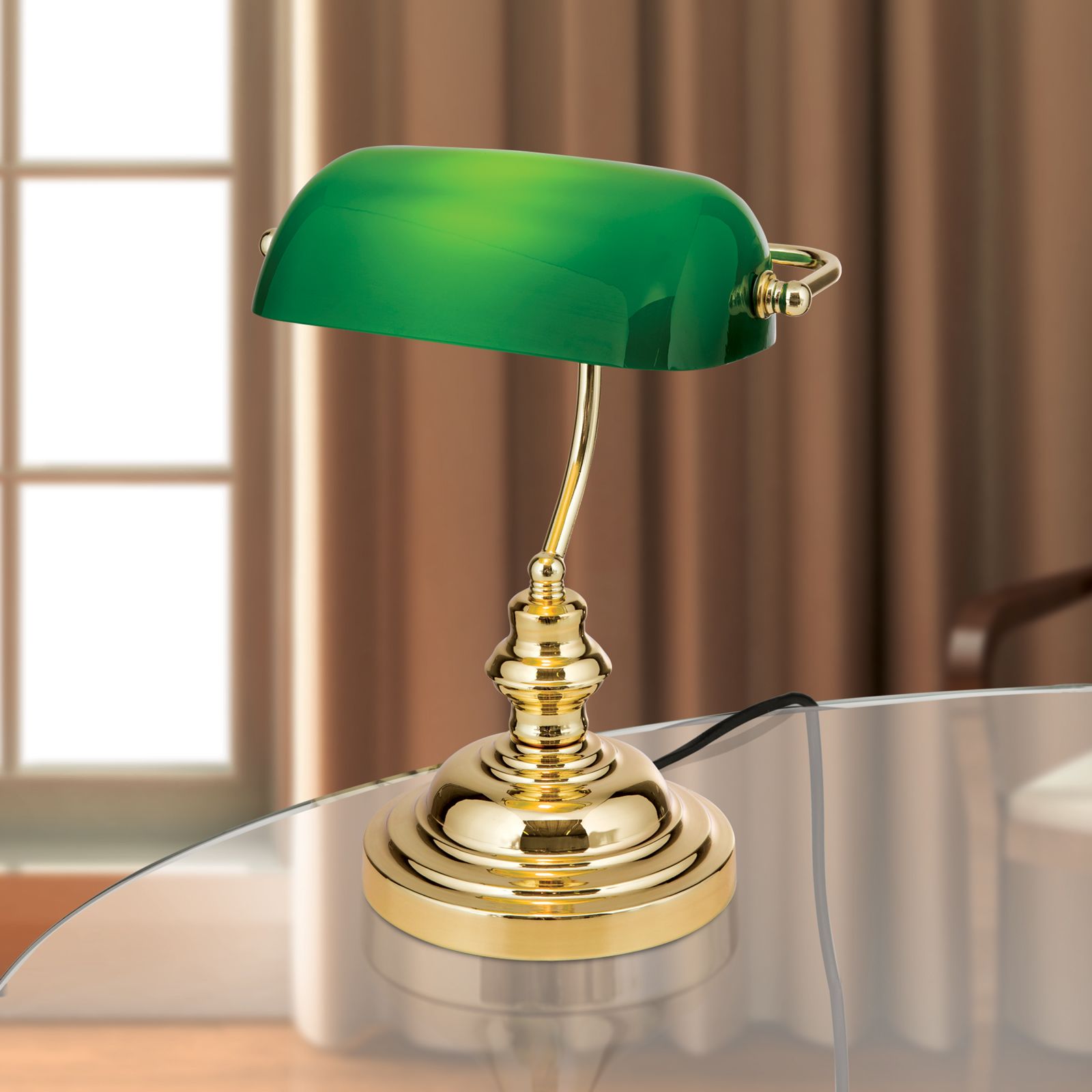 Traditional Brass Bankers Lamp with Green Glass Shade - Class 2