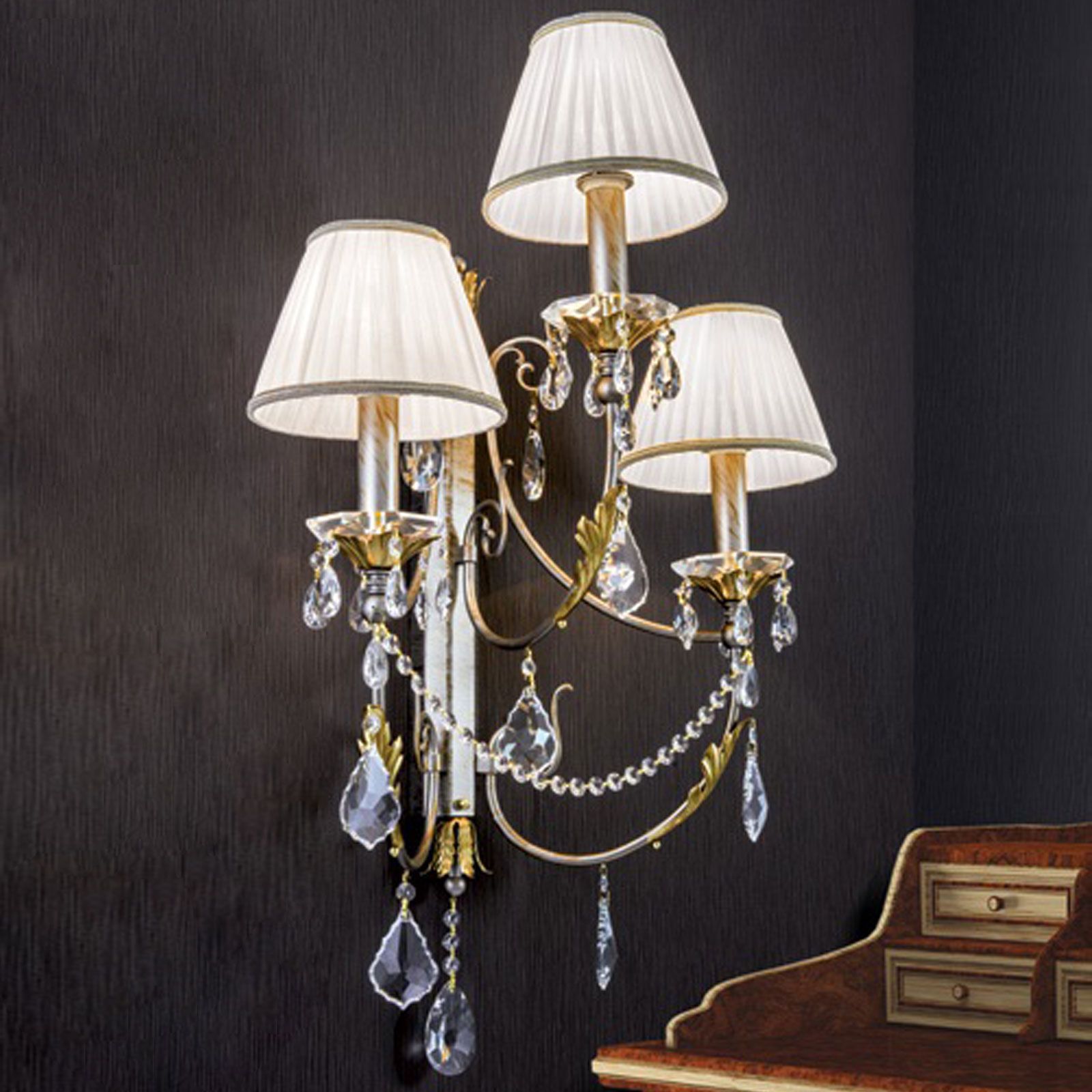Wandleuchte MIRAMARE, 3-flammig, Silbergold, mit organza weißen Schirmen