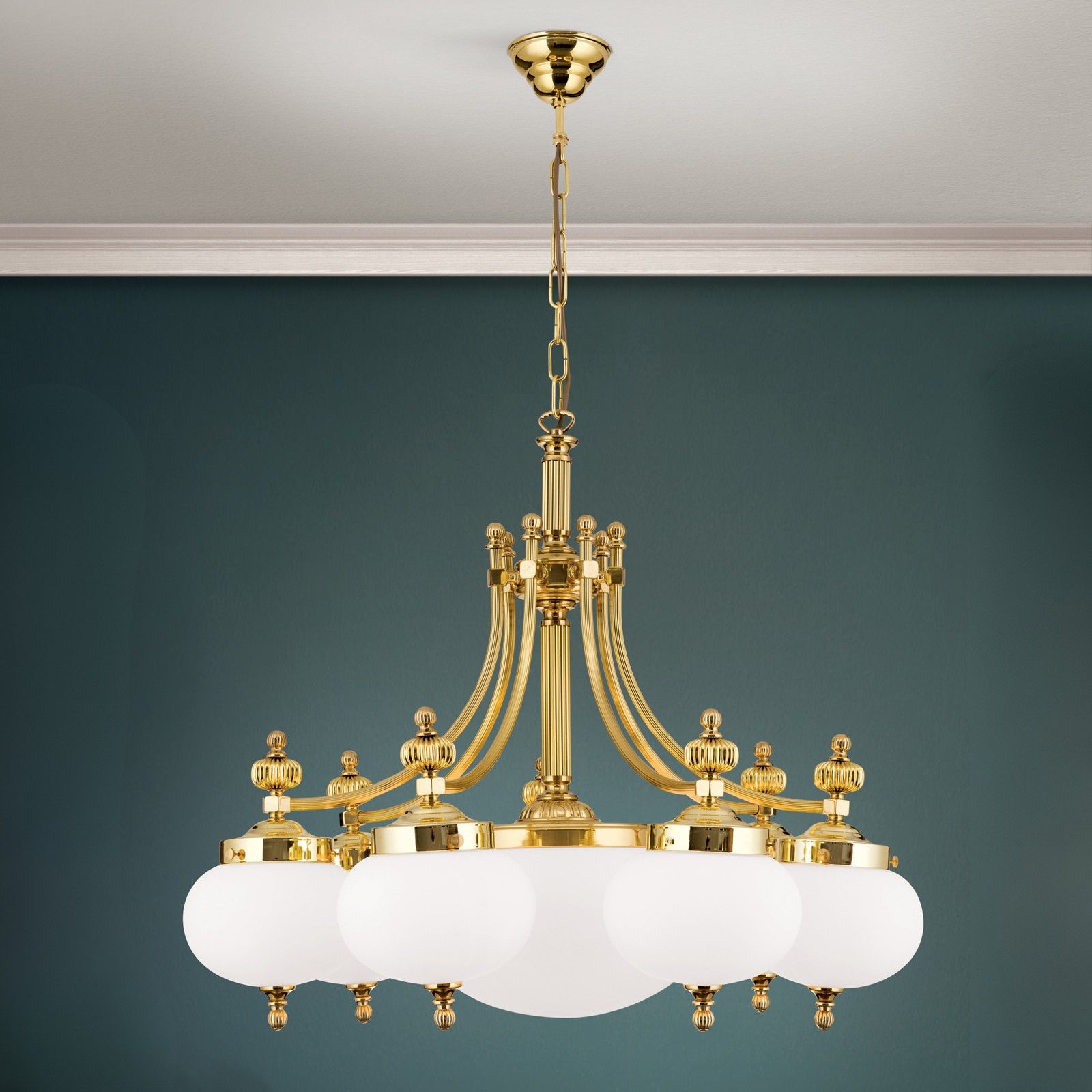 Chandelier WIENER NOSTALGIE, 7+1-flames, shiny brass, with opal matt glass, downwards