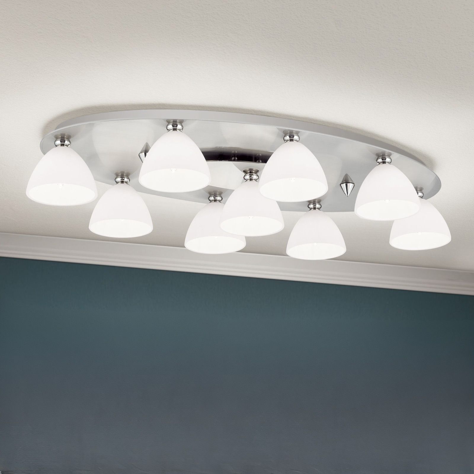 Ceiling light OPALDESIGN, 9 lamps, satin chrome with opal glasses